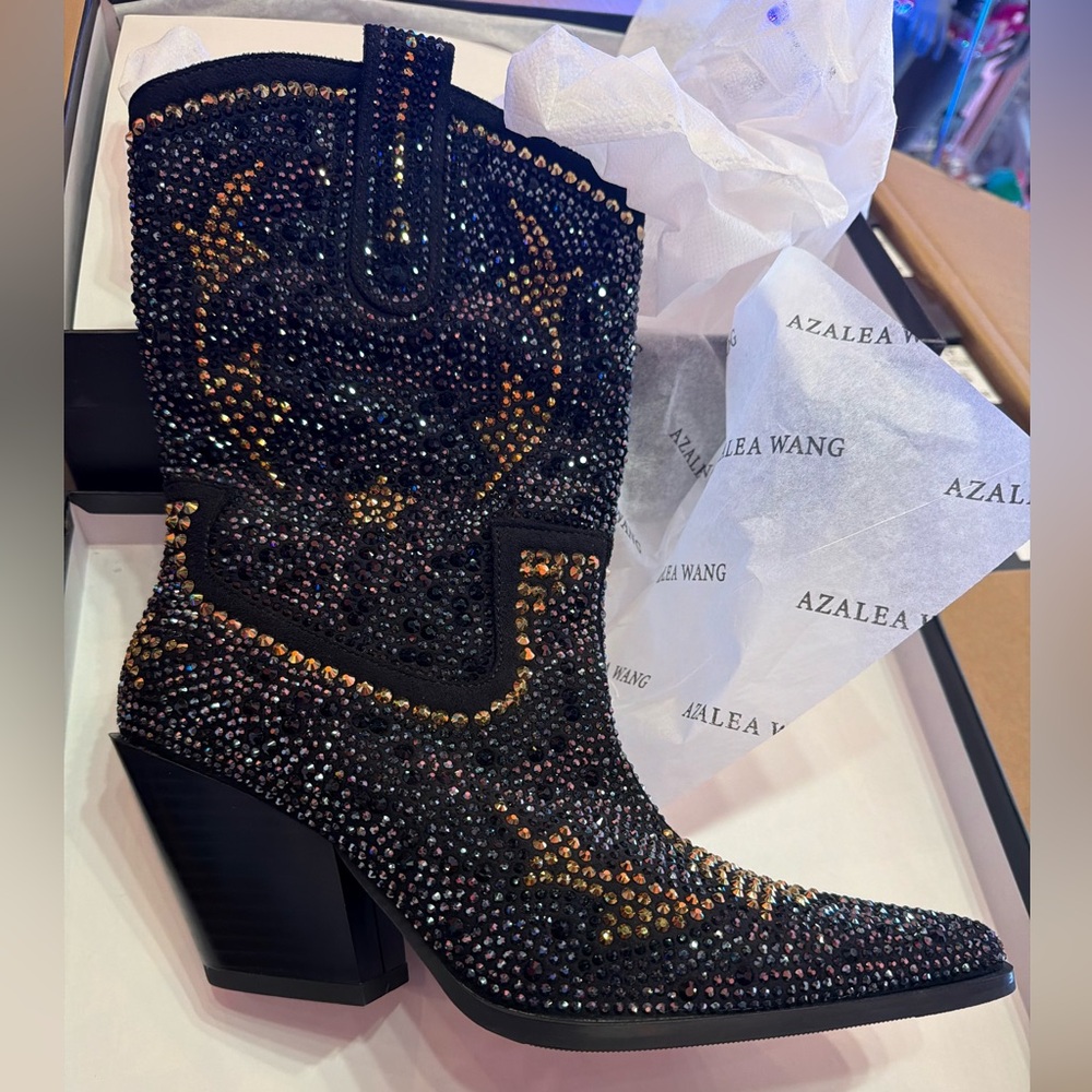 AZALEA WANG Embellished Crystal Western Boots Black & Gold Glam Rock Cowgirl - Picture 3 of 7